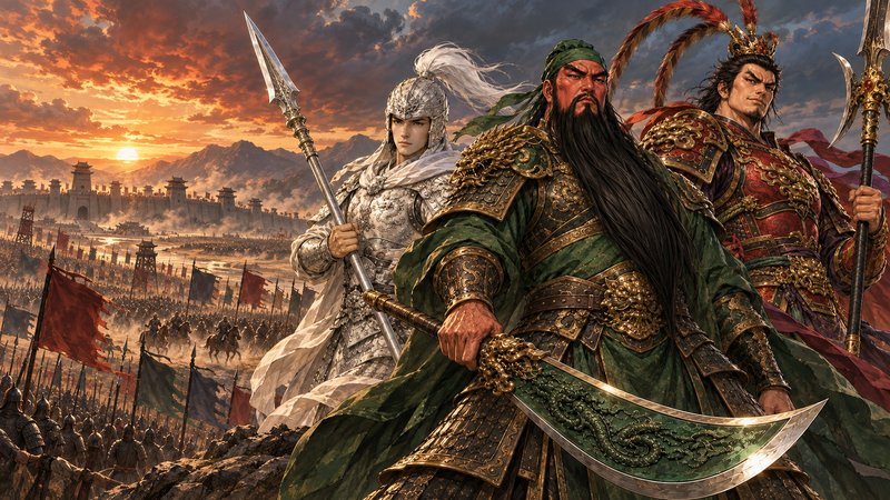 Key art: Guan Yu, Zhao Yun and Lu Bu on a Han-era battlefield at sunset