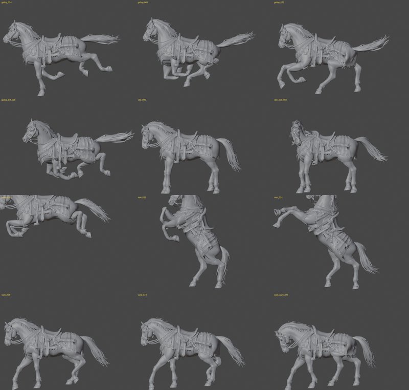 Horse clip sheet: gallop, rear, jump and idle cycles on the Blender Rigify horse rig