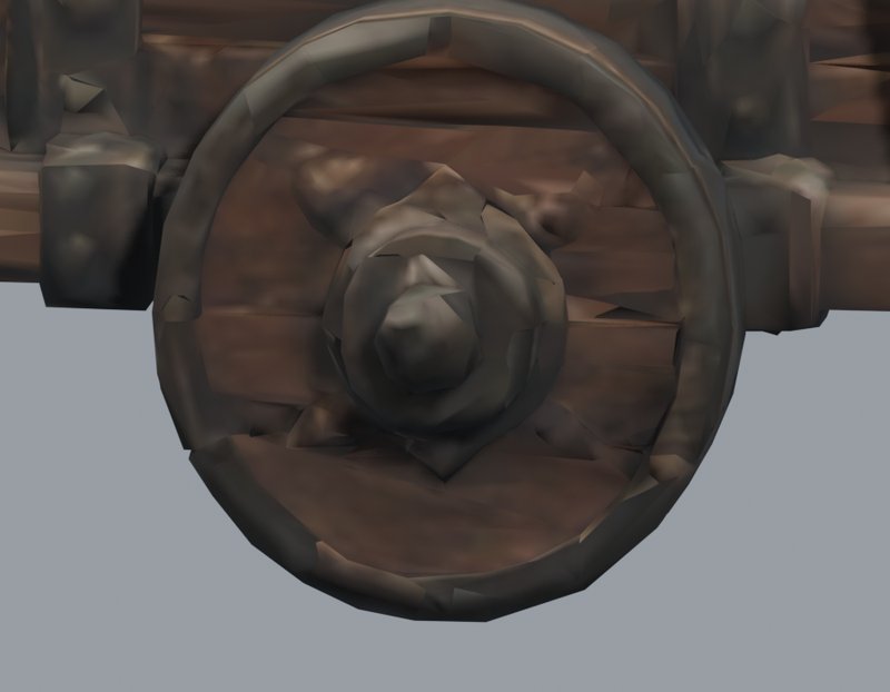 Close-up of a siege-engine wheel: the textured Tripo surface in a Blender review