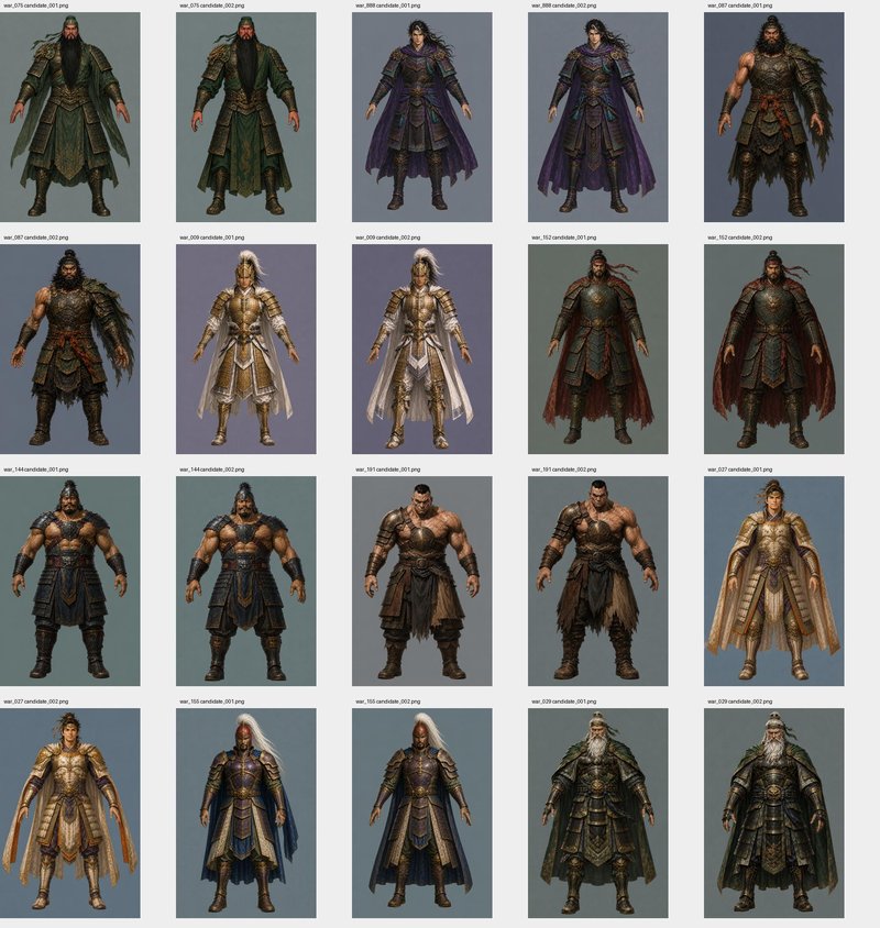 Concept art (A-pose, two candidates per officer) used as the image-to-3D input for a Tripo batch