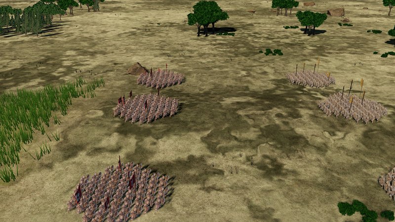 A troop block advancing on open ground: every soldier in the formation is a 3D model